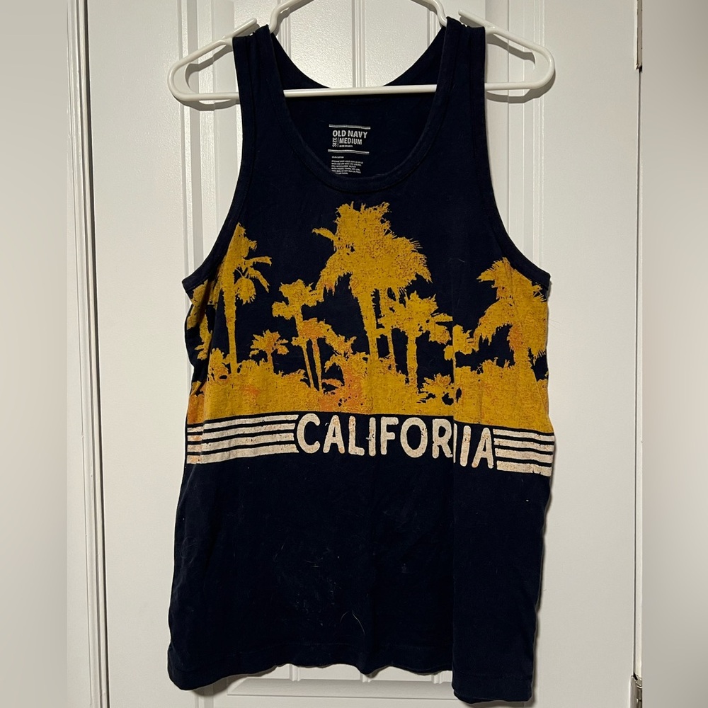 Old Navy Navy and Mustard Graphic Tank Top
